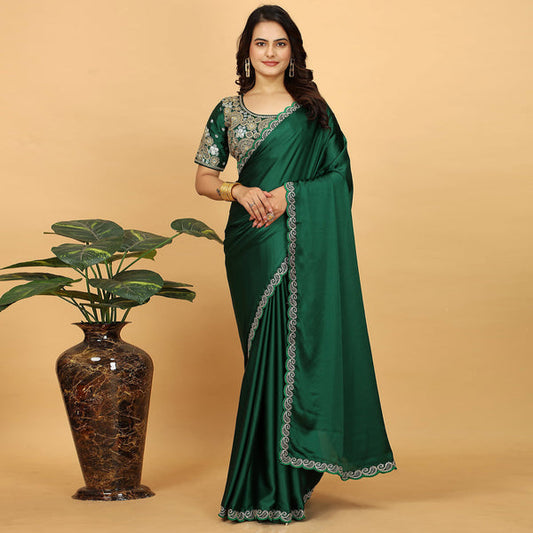 Bottle Green Satin Embroider Saree