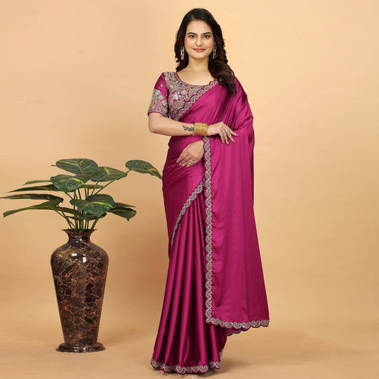 Satin Saree With Sequins Embroidered Border