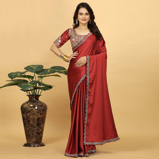 Red Solid Satin Readymade Saree