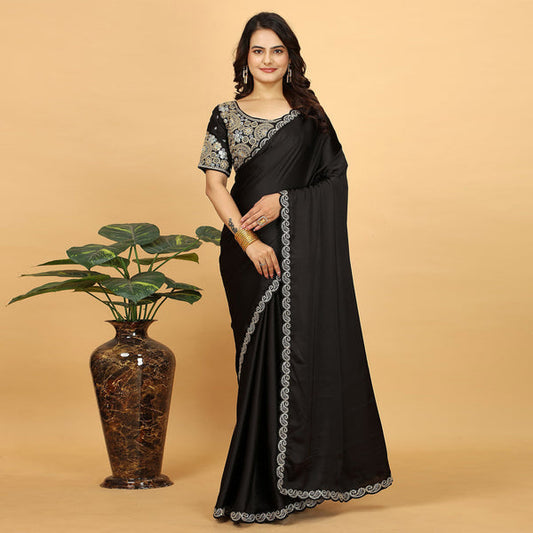 Black Solid Satin Saree