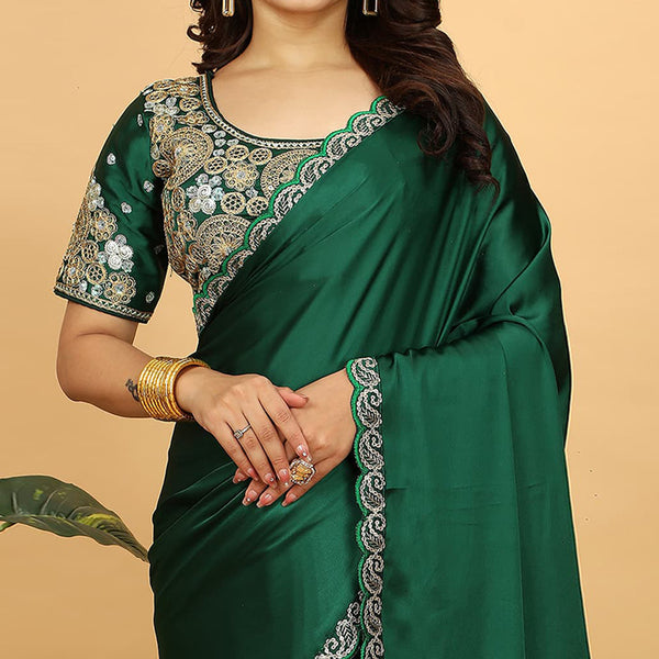 Bottle Green Satin Embroider Saree