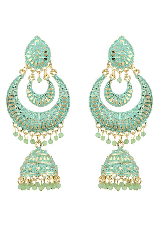 Sea Green Bead Chandbali Earrings