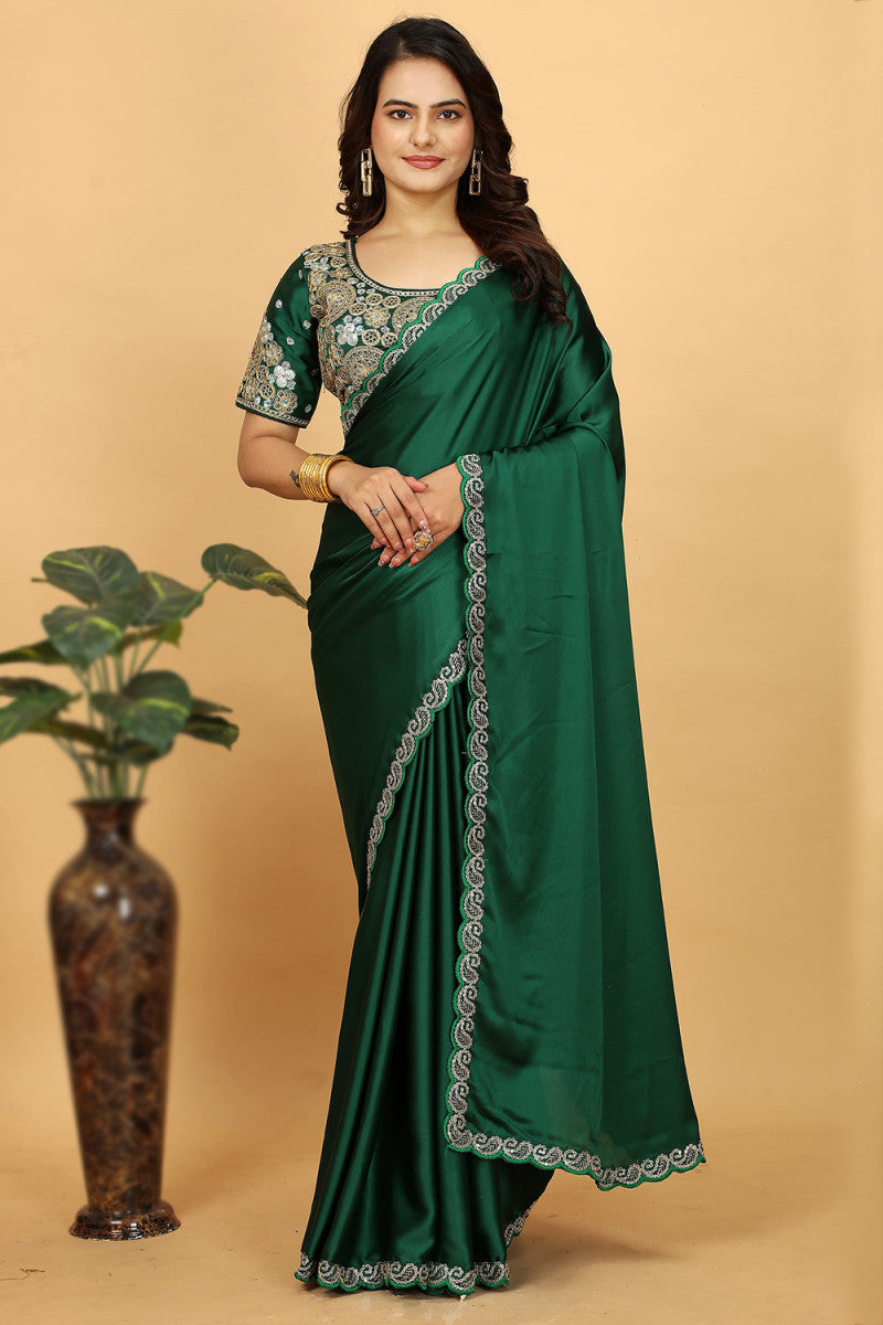 Bottle Green Satin Embroider Saree