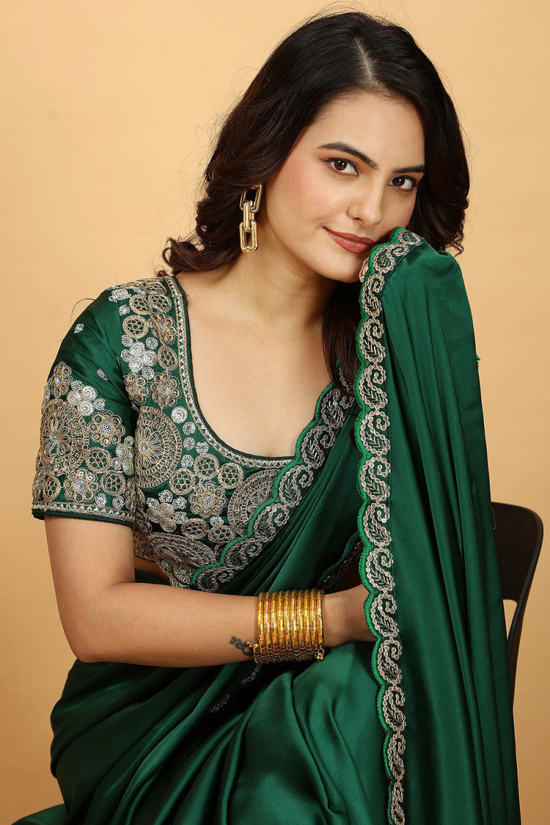 Bottle Green Satin Embroider Saree