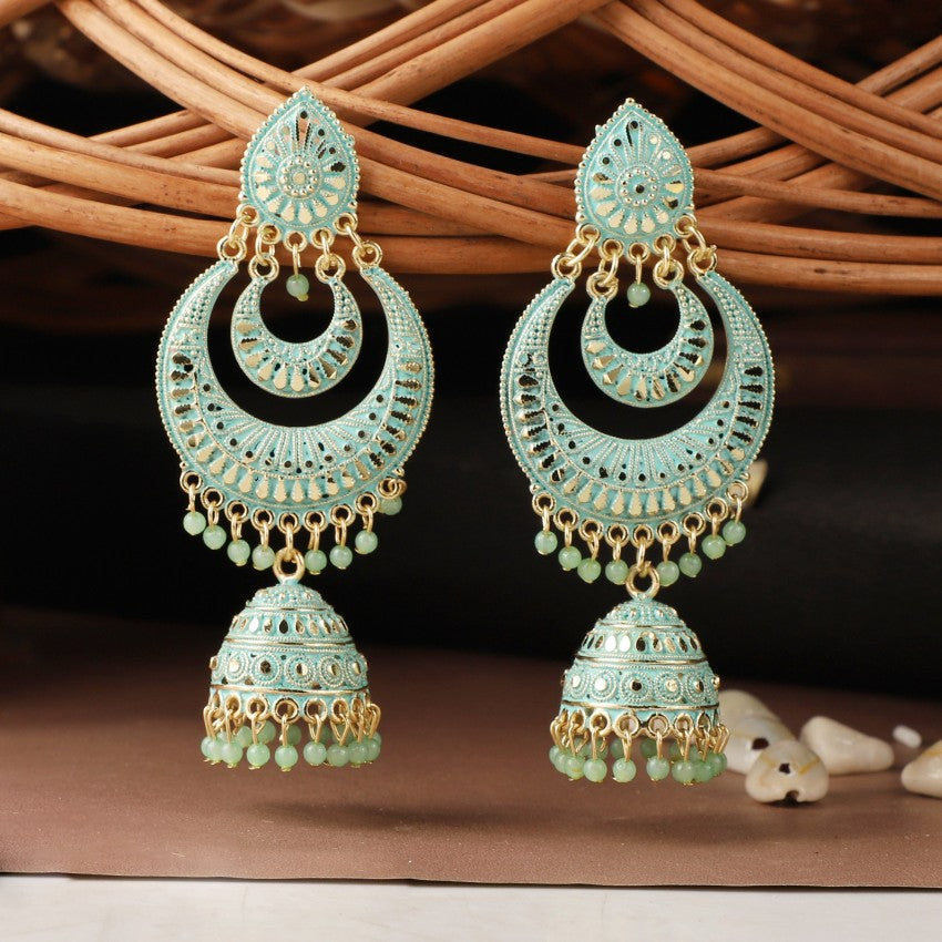 Sea Green Bead Chandbali Earrings